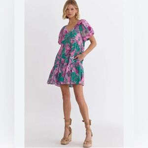 entro Pink & Green Floral Puff-Sleeve Mini Dress